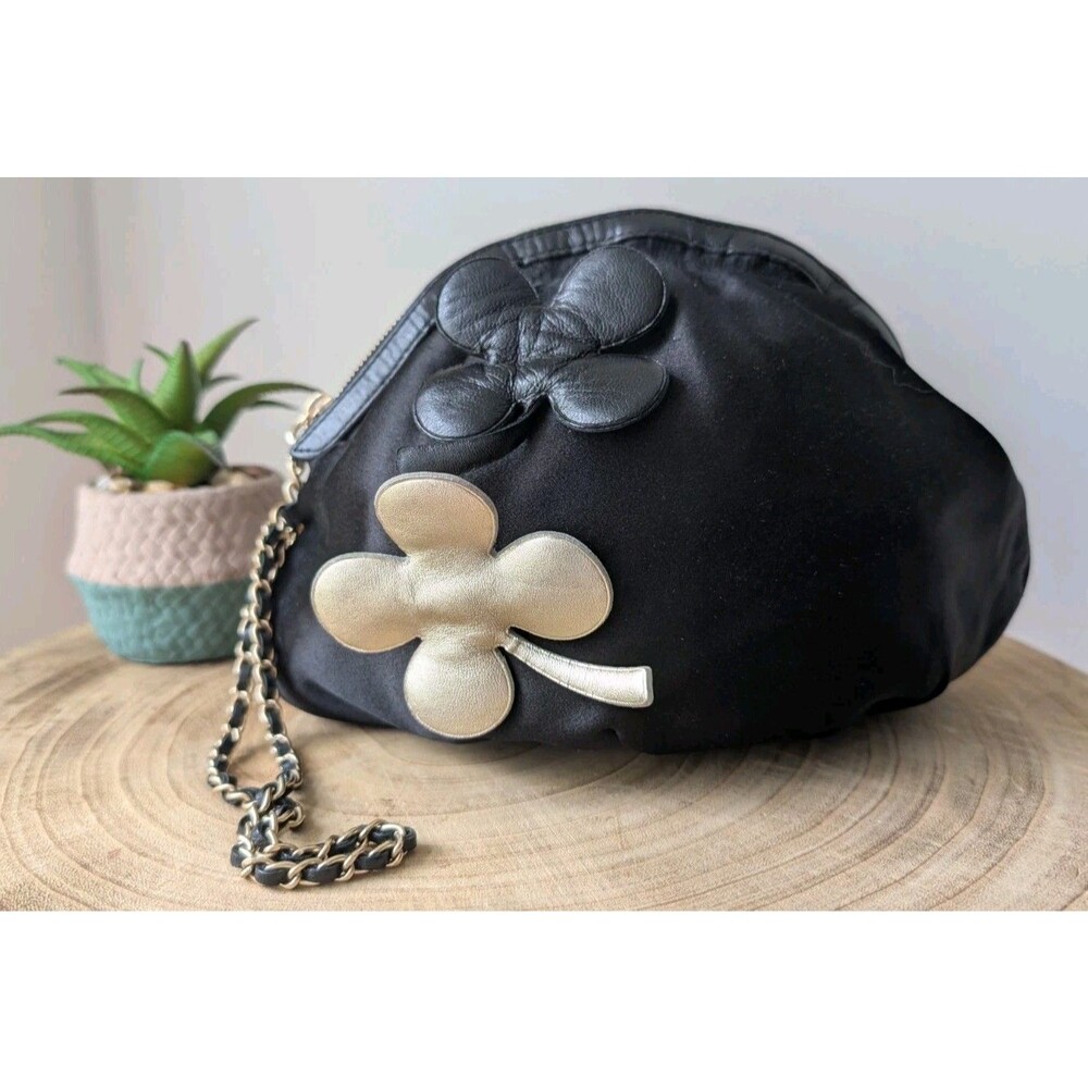 Chanel Vintage Black Satin Four Leaf Clover Evening Bag With‎ COA